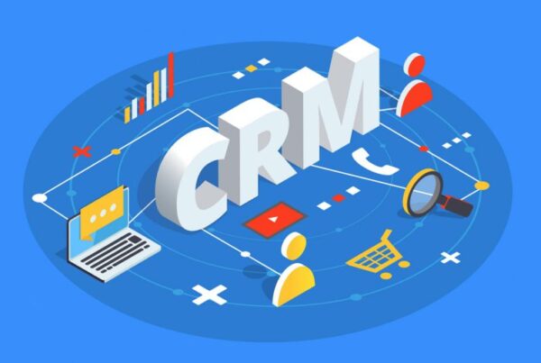 An illustration of the word CRM on a blue background with lots of technology-based icons