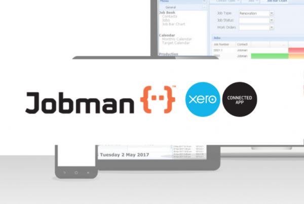 Jobman software on a laptop, with the Jobman and Xero logos in the foreground