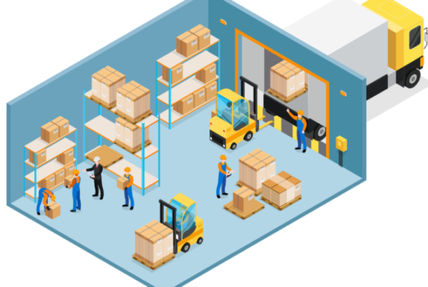 Illustration of working in a factory, surrounded by boxes